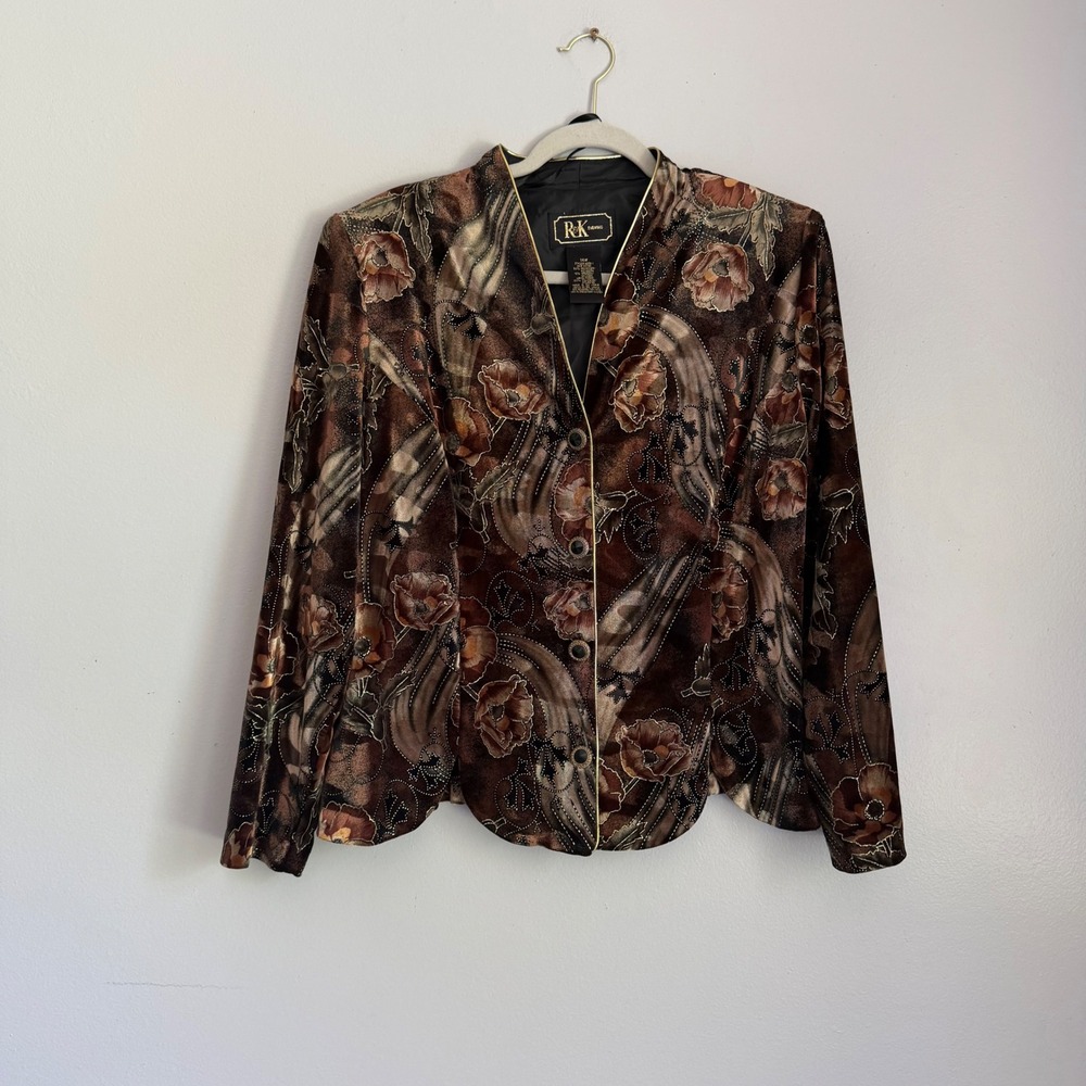 Vintage Brown Floral Velvet Burnout Blazer Metallic Gold Detail Size 14W